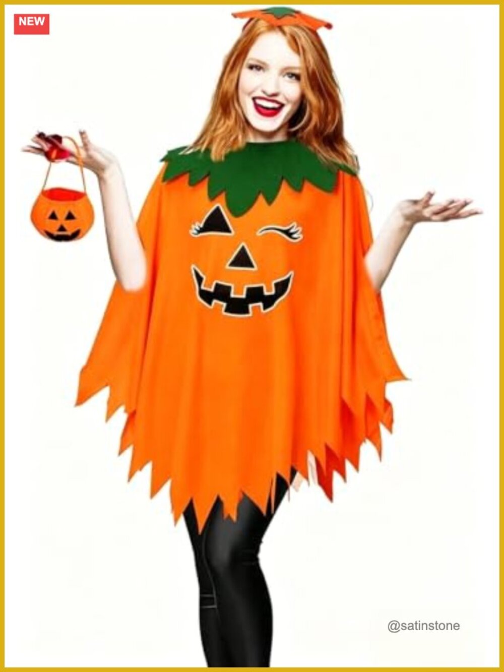 Women's Pumpkin Poncho Halloween Costume Set with Headband & Candy Bag